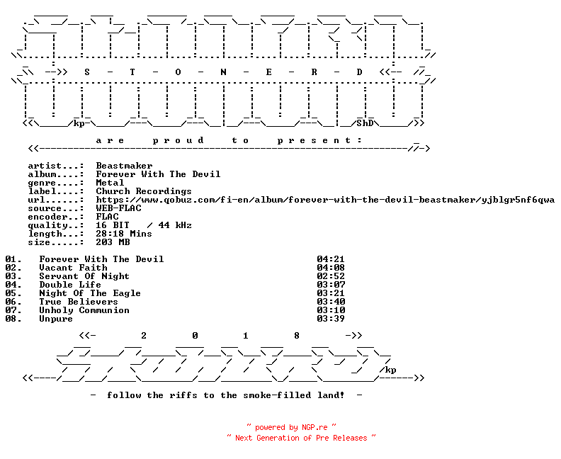 NFO for the release Beastmaker-Forever_With_The_Devil-16BIT-WEB-FLAC-2019-STONERD by STONERD