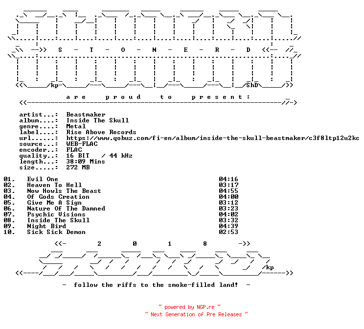 NFO for the release Beastmaker-Inside_The_Skull-16BIT-WEB-FLAC-2017-STONERD by STONERD