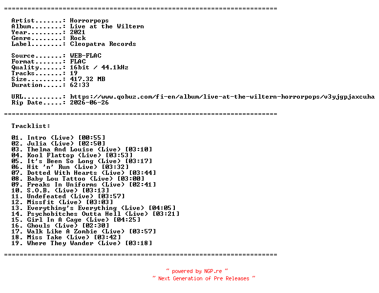 NFO for the release Horrorpops-Live_at_the_Wiltern-16BIT-WEB-FLAC-2021-LLC by LLC