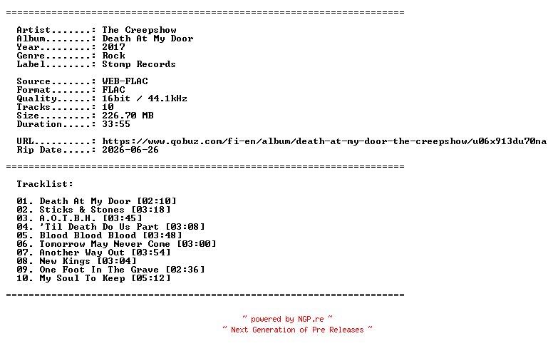 NFO for the release The_Creepshow-Death_At_My_Door-16BIT-WEB-FLAC-2017-LLC by LLC