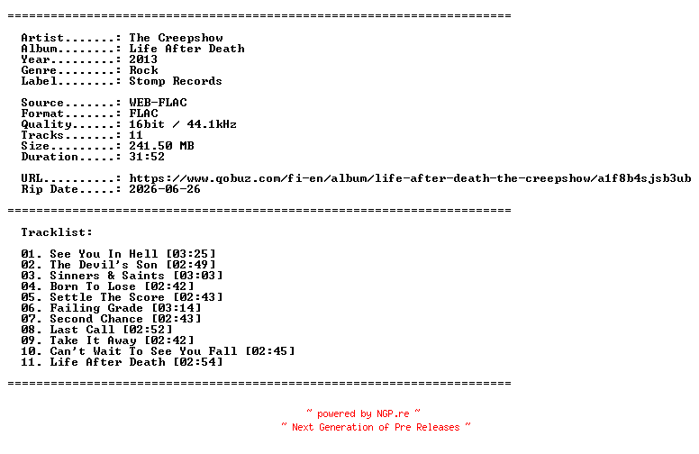 NFO for the release The_Creepshow-Life_After_Death-16BIT-WEB-FLAC-2013-LLC_INT by LLC_INT