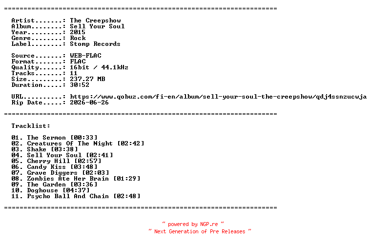 NFO for the release The_Creepshow-Sell_Your_Soul-16BIT-WEB-FLAC-2015-LLC_INT by LLC_INT