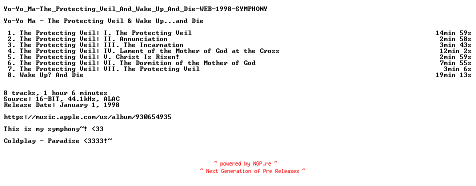 NFO for the release Yo-Yo_Ma-The_Protecting_Veil_And_Wake_Up_And_Die-WEB-1998-SYMPHONY by SYMPHONY
