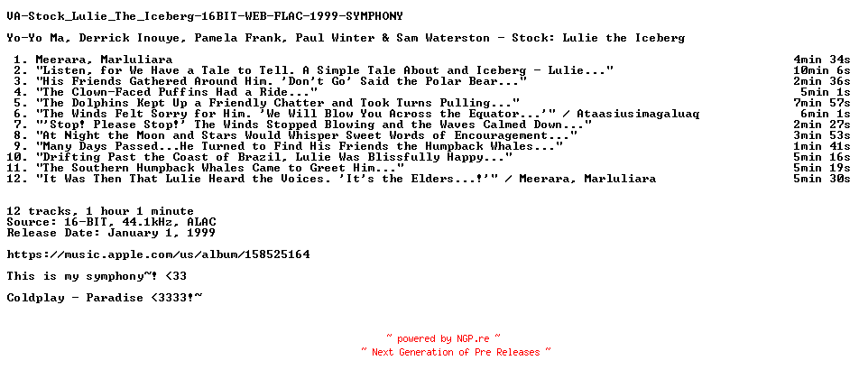NFO for the release VA-Stock_Lulie_The_Iceberg-16BIT-WEB-FLAC-1999-SYMPHONY by SYMPHONY