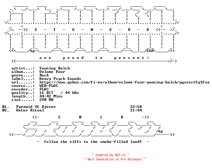 NFO for the release Yawning_Balch-Volume_Four-16BIT-WEB-FLAC-2026-STONERD by STONERD
