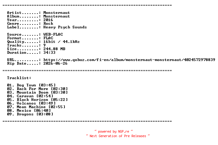 NFO for the release Monsternaut-Monsternaut-16BIT-WEB-FLAC-2016-LLC by LLC