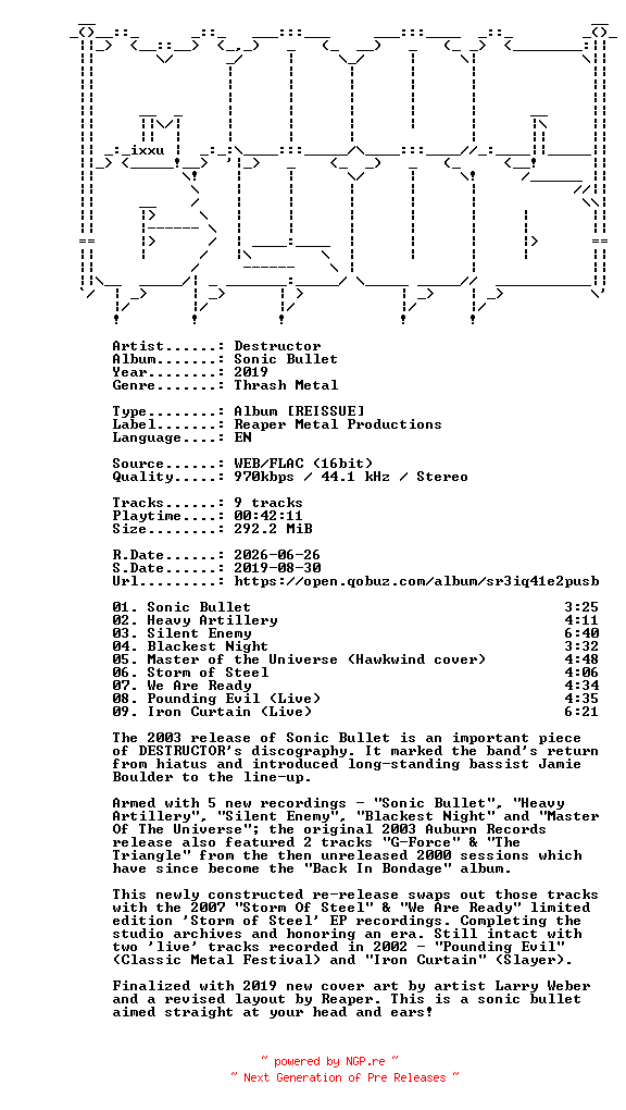 NFO for the release Destructor-Sonic_Bullet-REISSUE-16BIT-WEB-FLAC-2019-MOONBLOOD by MOONBLOOD
