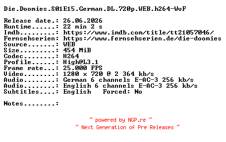 NFO for the release Die.Doomies.S01E15.German.DL.720p.WEB.h264-WvF by WvF