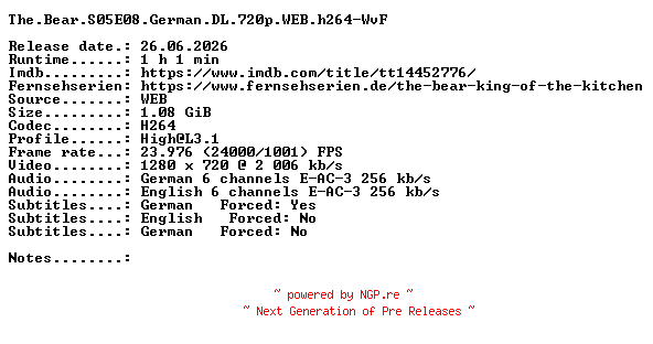 NFO for the release The.Bear.S05E08.German.DL.720p.WEB.h264-WvF by WvF