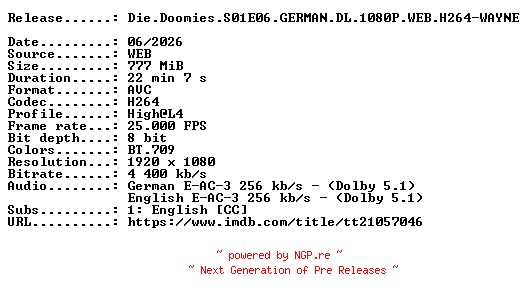 NFO for the release Die.Doomies.S01E06.GERMAN.DL.1080P.WEB.H264-WAYNE by WAYNE