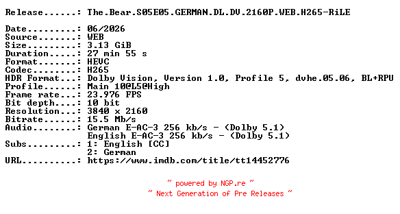 NFO for the release The.Bear.S05E05.GERMAN.DL.DV.2160P.WEB.H265-RiLE by RiLE
