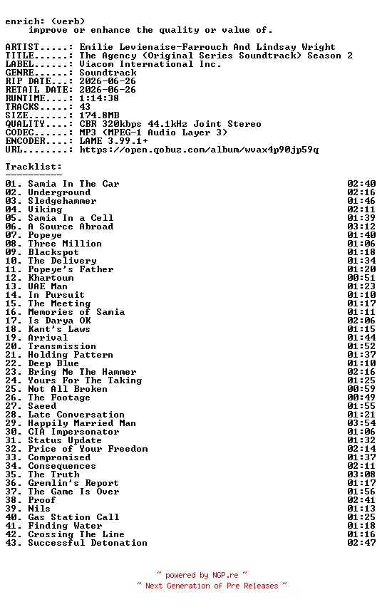 NFO for the release Emilie_Levienaise-Farrouch_And_Lindsay_Wright-The_Agency_(Original_Series_Soundtrack)_Season_2-OST-WEB-2026-ENRiCH by ENRiCH