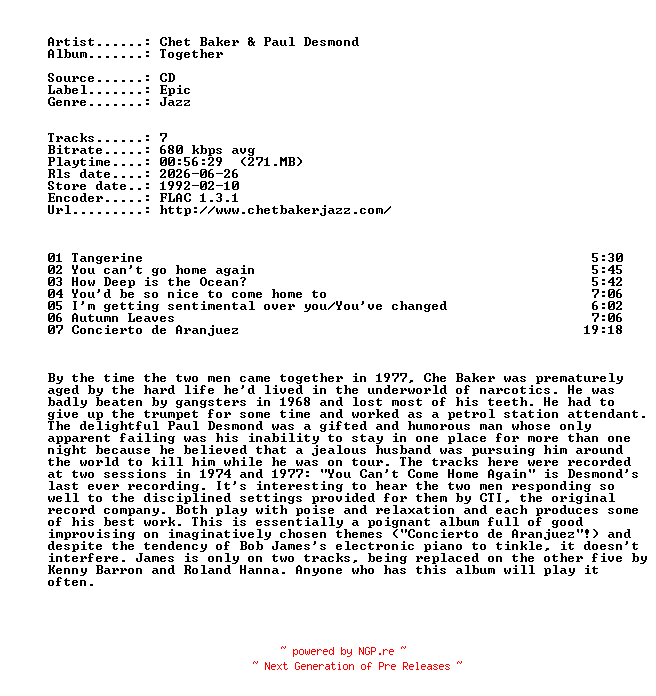 NFO for the release Chet_Baker_And_Paul_Desmond-Together-CD-FLAC-1992-401 by 401