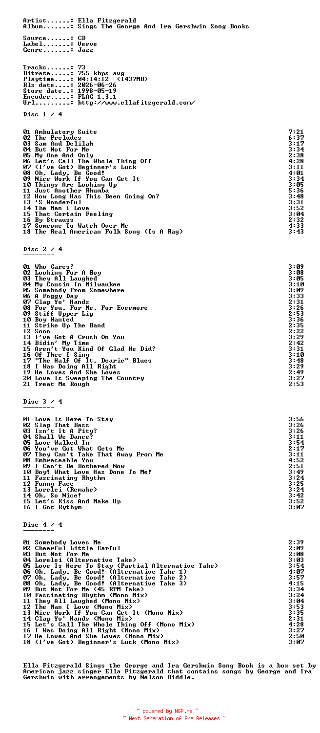 NFO for the release Ella_Fitzgerald-Sings_The_George_And_Ira_Gershwin_Song_Books-REISSUE-4CD-FLAC-1998-401 by 401