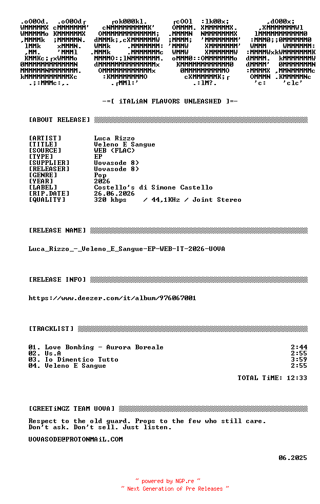 NFO for the release Luca_Rizzo_-_Veleno_E_Sangue-EP-WEB-IT-2026-UOVA by UOVA