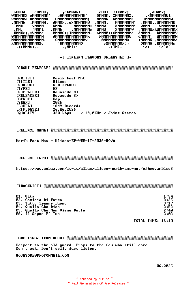NFO for the release Morik_Feat_Mnt_-_Ulisse-EP-WEB-IT-2026-UOVA by UOVA