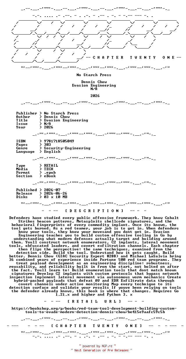 NFO for the release No.Starch.Press.-.Evasion.Engineering.2026.RETAIL.EPUB.eBook-CTO by CTO