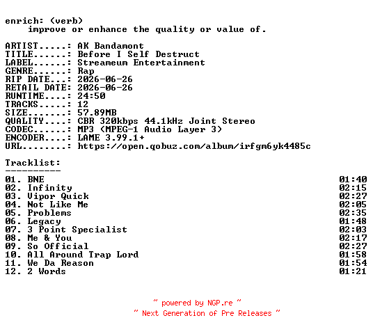 NFO for the release AK_Bandamont-Before_I_Self_Destruct-WEB-2026-ENRiCH by ENRiCH