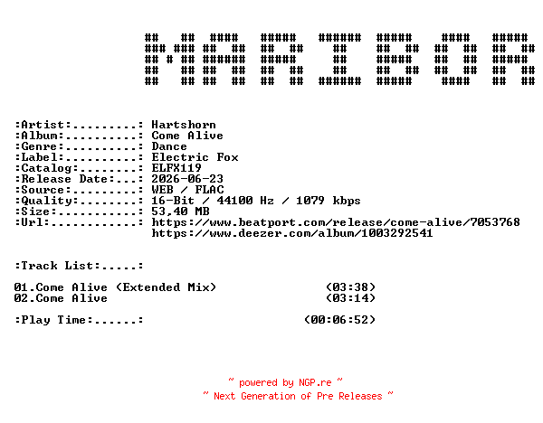 NFO for the release Hartshorn-Come_Alive-(ELFX119)-16BIT-WEB-FLAC-2026-MARiBOR by MARiBOR