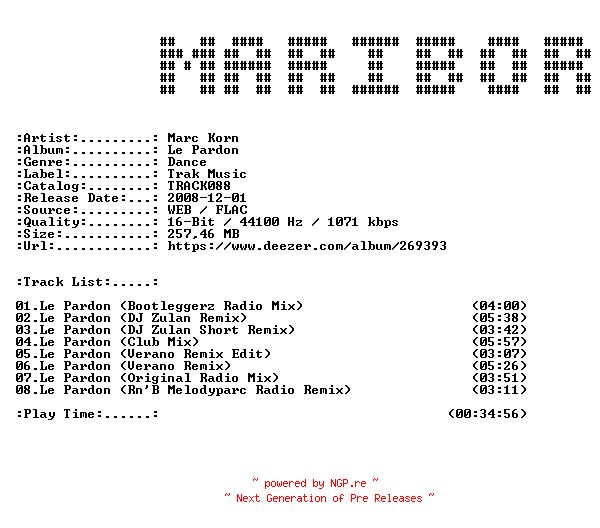 NFO for the release Marc_Korn-Le_Pardon-(TRAK088)-16BIT-WEB-FLAC-2008-MARiBOR by MARiBOR