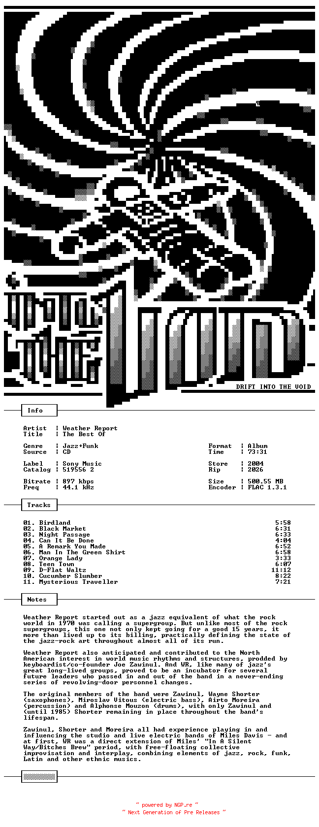 NFO for the release Weather_Report-The_Best_Of-CD-FLAC-2004-THEVOiD by THEVOiD