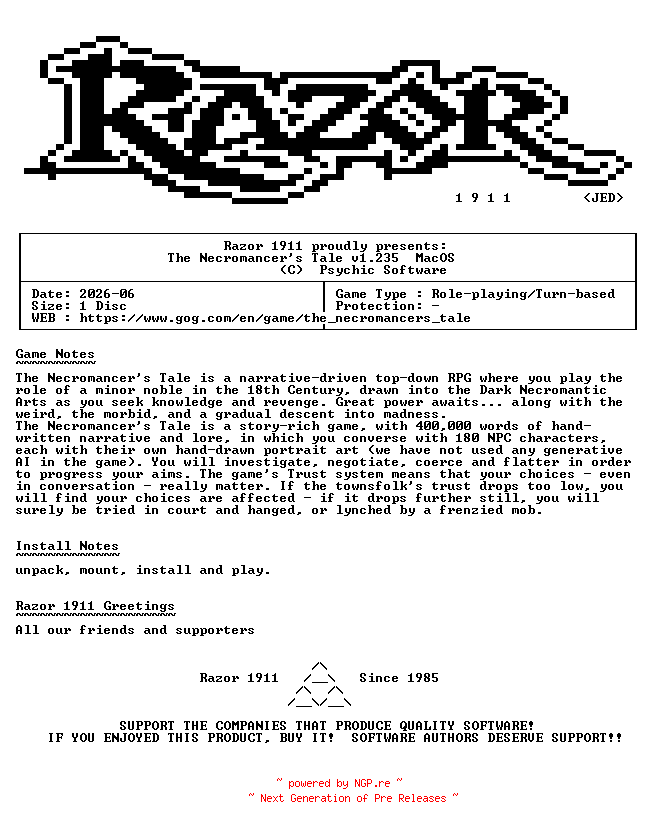 NFO for the release The.Necromancers_Tale_v1.235_MacOS-Razor1911 by Razor1911