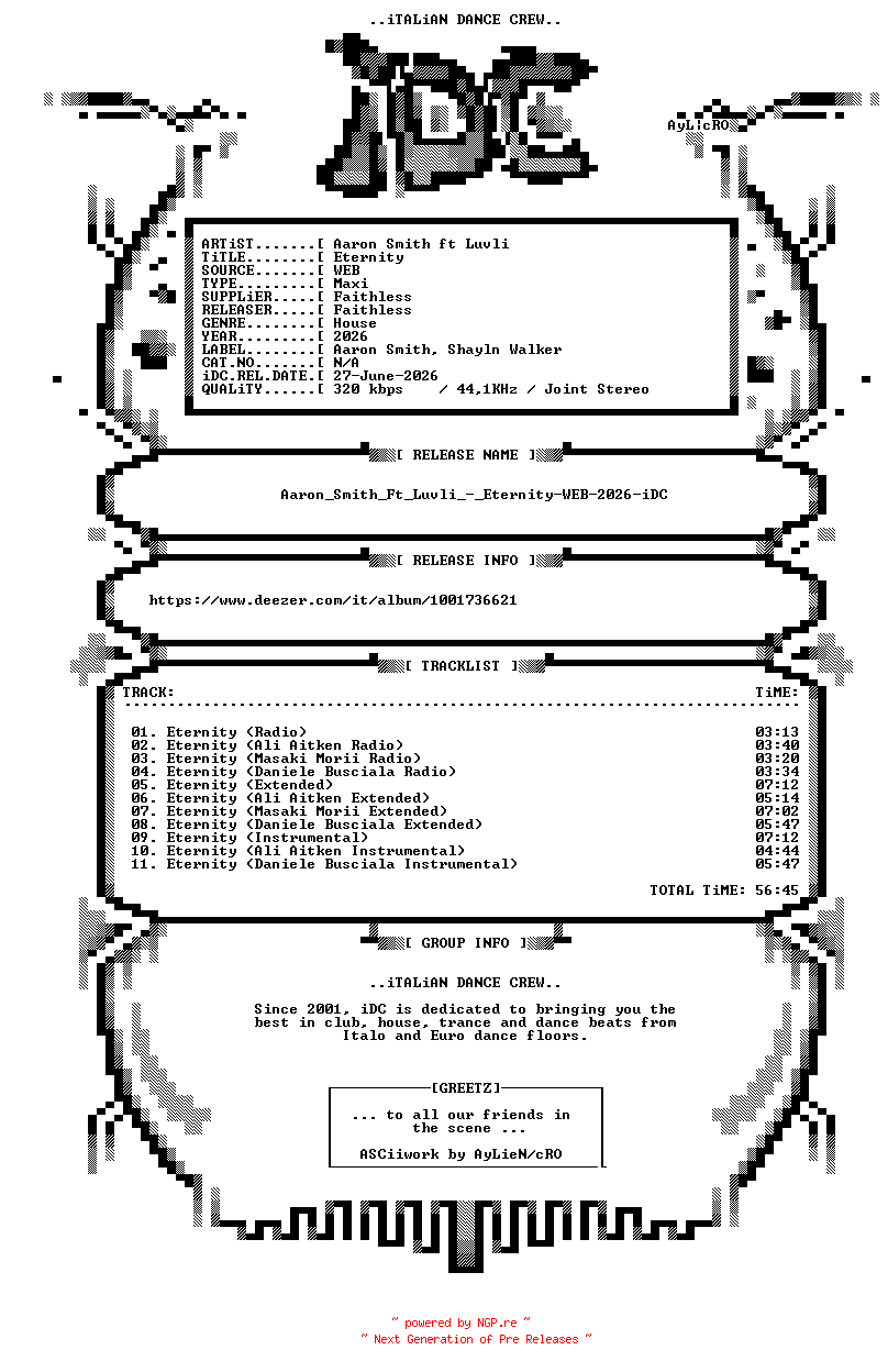 NFO for the release Aaron_Smith_Ft_Luvli_-_Eternity-WEB-2026-iDC by iDC