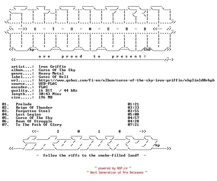 NFO for the release Iron_Griffin-Curse_Of_The_Sky-16BIT-WEB-FLAC-2019-STONERD by STONERD
