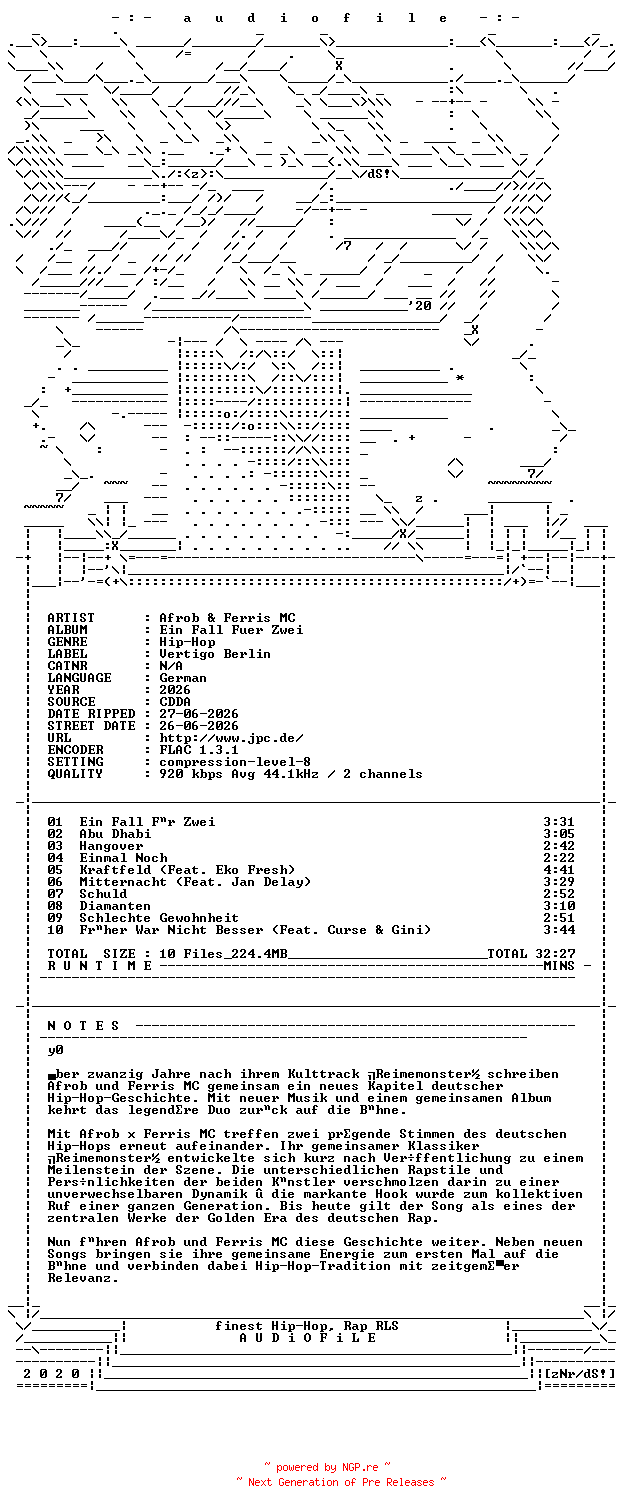 NFO for the release Afrob_Und_Ferris_MC-Ein_Fall_Fuer_Zwei-DE-CD-FLAC-2026-AUDiOFiLE by AUDiOFiLE