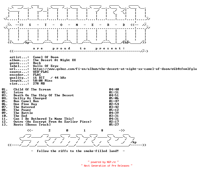 NFO for the release Camel_Of_Doom-The_Desert_At_Night_XX-16BIT-WEB-FLAC-2003-STONERD by STONERD