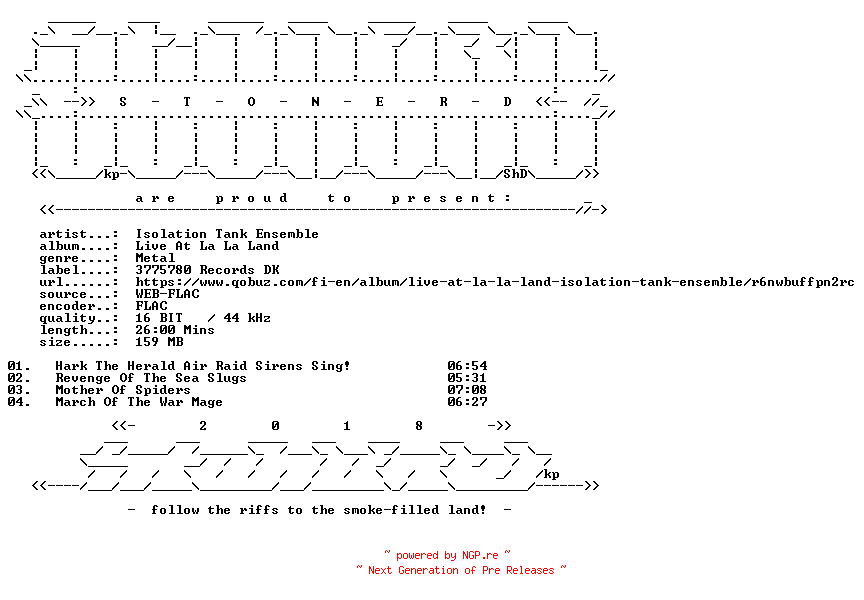 NFO for the release Isolation_Tank_Ensemble-Live_At_La_La_Land-16BIT-WEB-FLAC-2022-STONERD by STONERD