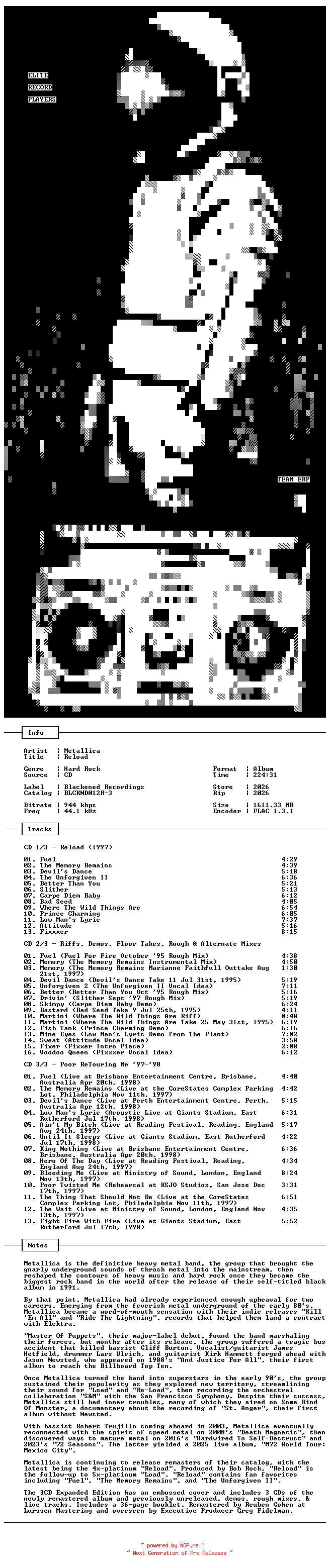 NFO for the release Metallica-Reload-Remastered_Expanded_Edition-3CD-FLAC-2026-ERP by ERP