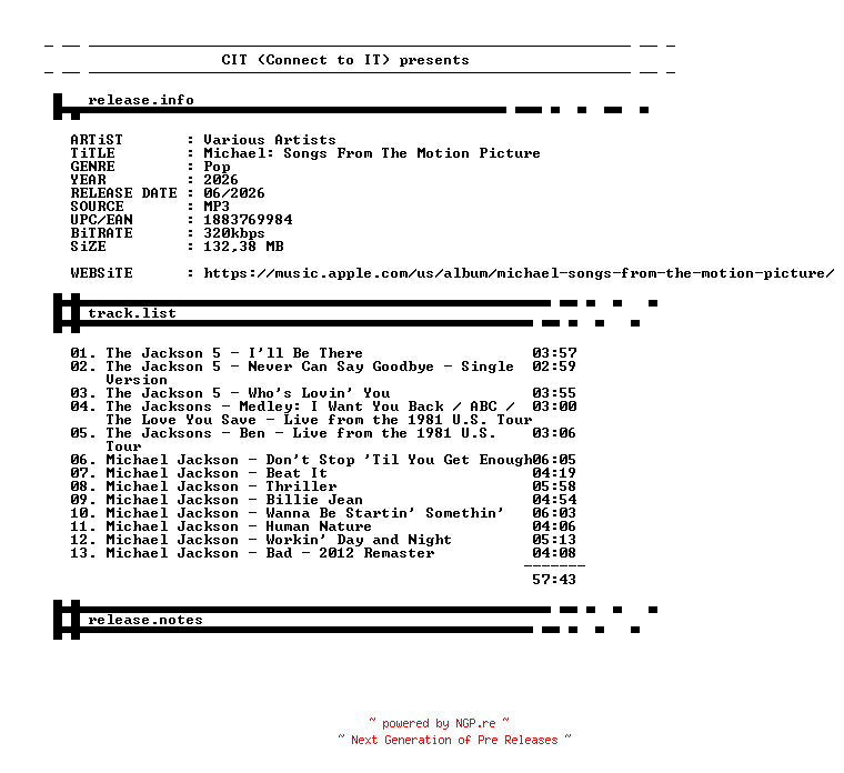 NFO for the release Michael_Jackson-Michael_Songs_From_The_Motion_Picture-OST-WEB-2026-CIT_INT by CIT_INT