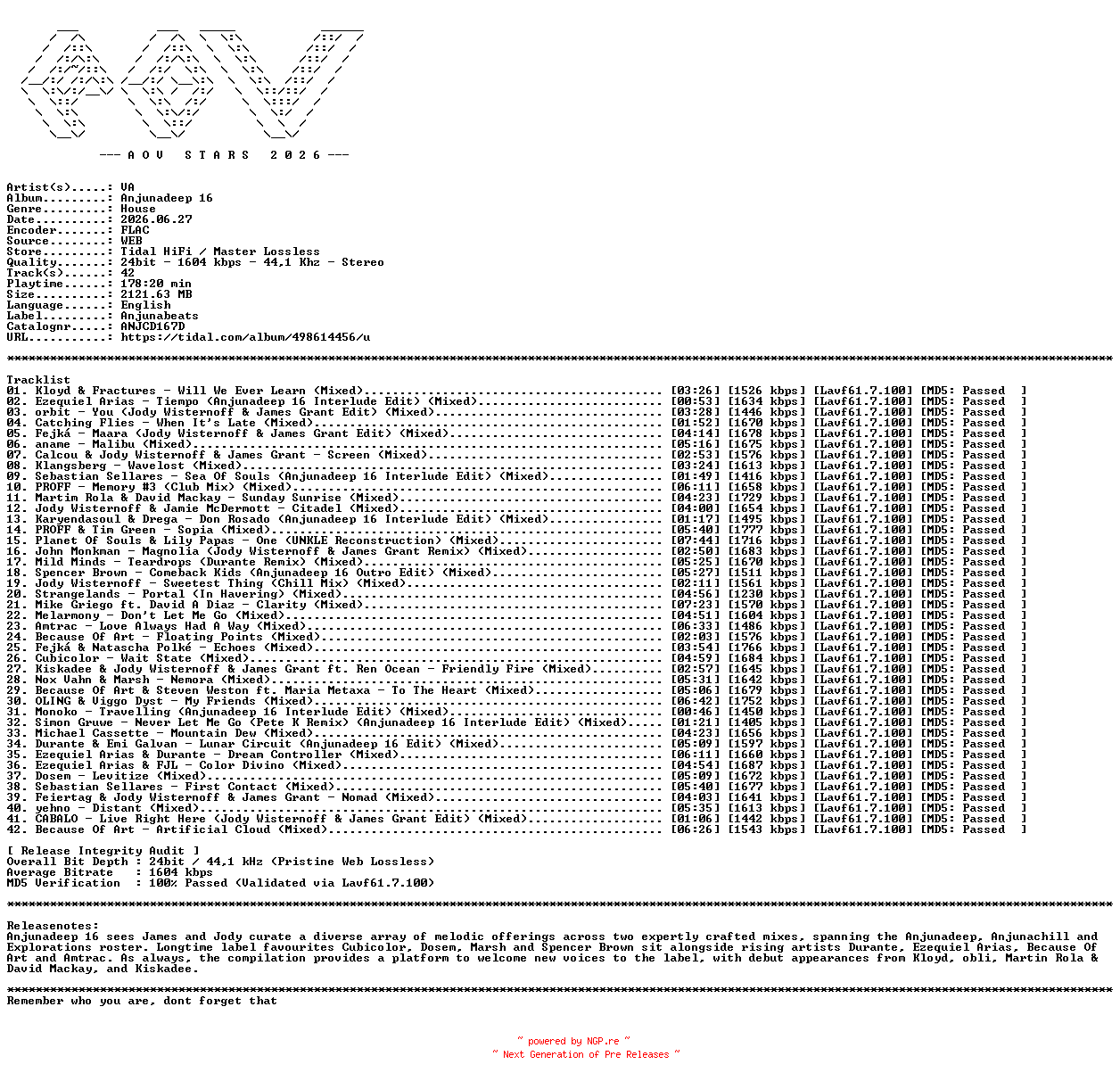 NFO for the release VA-Anjunadeep_16-(ANJCD167D)-24BIT-WEB-FLAC-2026-AOVF by AOVF