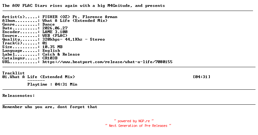 NFO for the release FISHER_(OZ)_Ft._Florence_Arman-What_A_Life_(Extended_Mix)-(CR103B)-SINGLE-WEB-2026-AOV by AOV