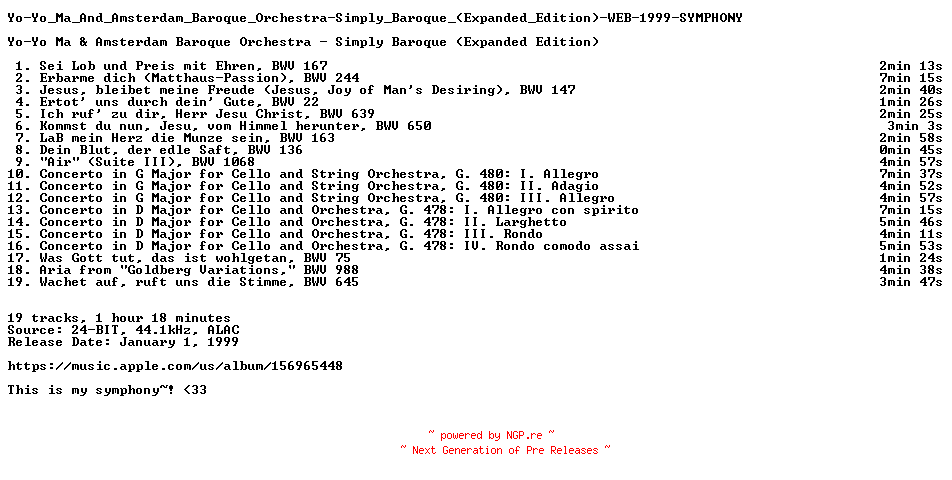 NFO for the release Yo-Yo_Ma_And_Amsterdam_Baroque_Orchestra-Simply_Baroque_(Expanded_Edition)-WEB-1999-SYMPHONY by SYMPHONY