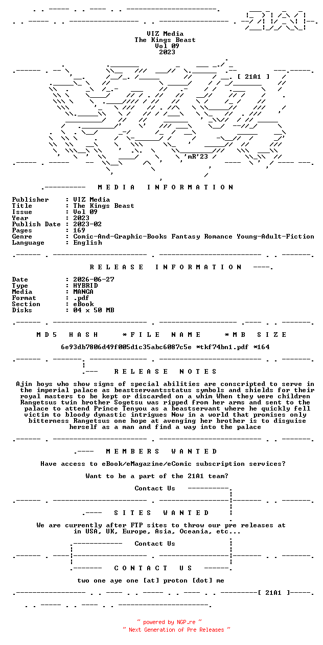 NFO for the release VIZ.Media.-.The.Kings.Beast.Vol.09.2023.HYBRID.MANGA.eBook-21A1 by 21A1