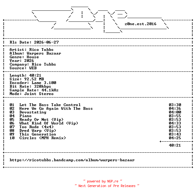 NFO for the release Rico_Tubbs-Warpers_Bazaar-WEB-2026-z0ne by z0ne