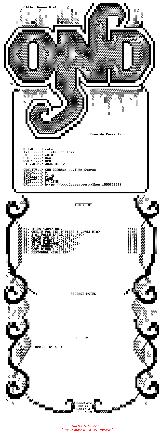 NFO for the release Zato-Il_Ete_Une_Fois-WEB-FR-2026-OND by OND