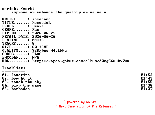 NFO for the release sosocamo-homesick-EP-16BIT-WEB-FLAC-2026-ENRiCH by ENRiCH