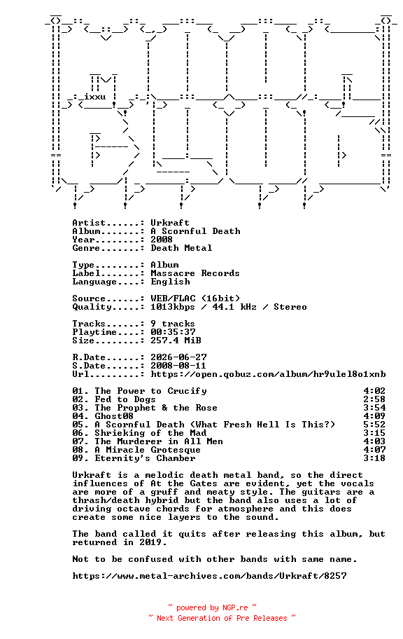 NFO for the release Urkraft-A_Scornful_Death-16BIT-WEB-FLAC-2008-MOONBLOOD by MOONBLOOD