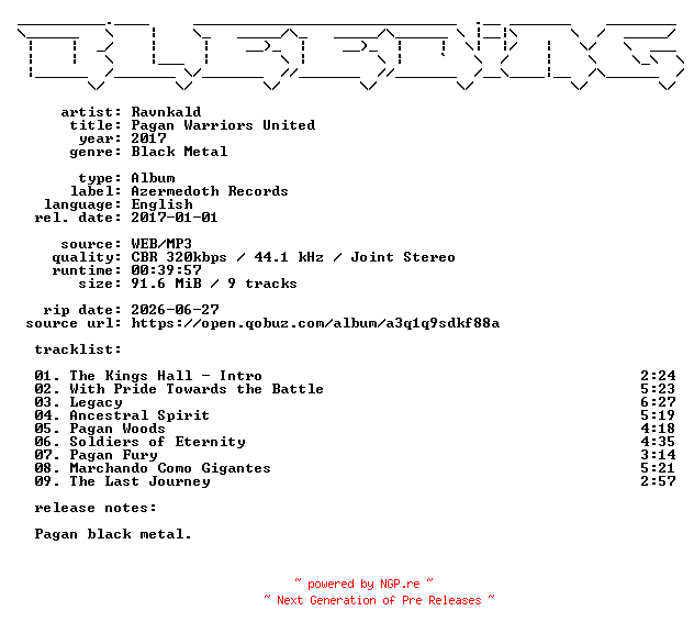 NFO for the release Ravnkald-Pagan_Warriors_United-WEB-2017-BLEEDiNG by BLEEDiNG