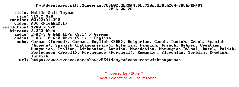 NFO for the release My.Adventures.with.Superman.S03E02.GERMAN.DL.720p.WEB.h264-SAUERKRAUT by SAUERKRAUT