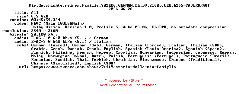 NFO for the release Die.Geschichte.meiner.Familie.S02E06.GERMAN.DL.DV.2160p.WEB.h265-SAUERKRAUT by SAUERKRAUT