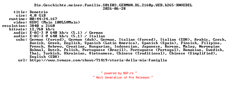NFO for the release Die.Geschichte.meiner.Familie.S01E03.GERMAN.DL.2160p.WEB.h265-KNOEDEL by KNOEDEL