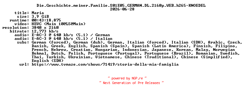 NFO for the release Die.Geschichte.meiner.Familie.S01E05.GERMAN.DL.2160p.WEB.h265-KNOEDEL by KNOEDEL