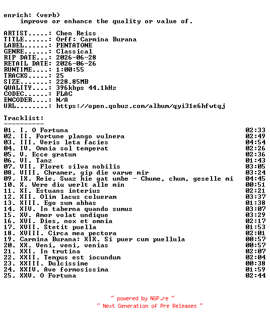 NFO for the release Chen_Reiss-Orff_Carmina_Burana-16BIT-WEB-FLAC-2026-ENRiCH by ENRiCH