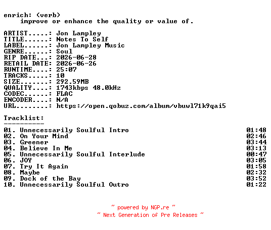 NFO for the release Jon_Lampley-Notes_To_Self-24BIT-WEB-FLAC-2026-ENRiCH by ENRiCH