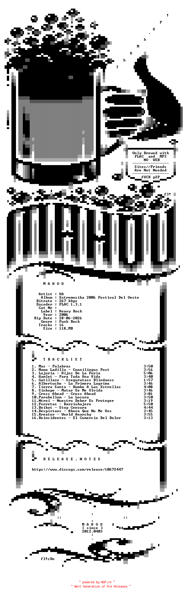 NFO for the release VA-Extremusika_2006_Festival_Del_Oeste-ES-MAG-CD-2006-MAHOU by MAHOU