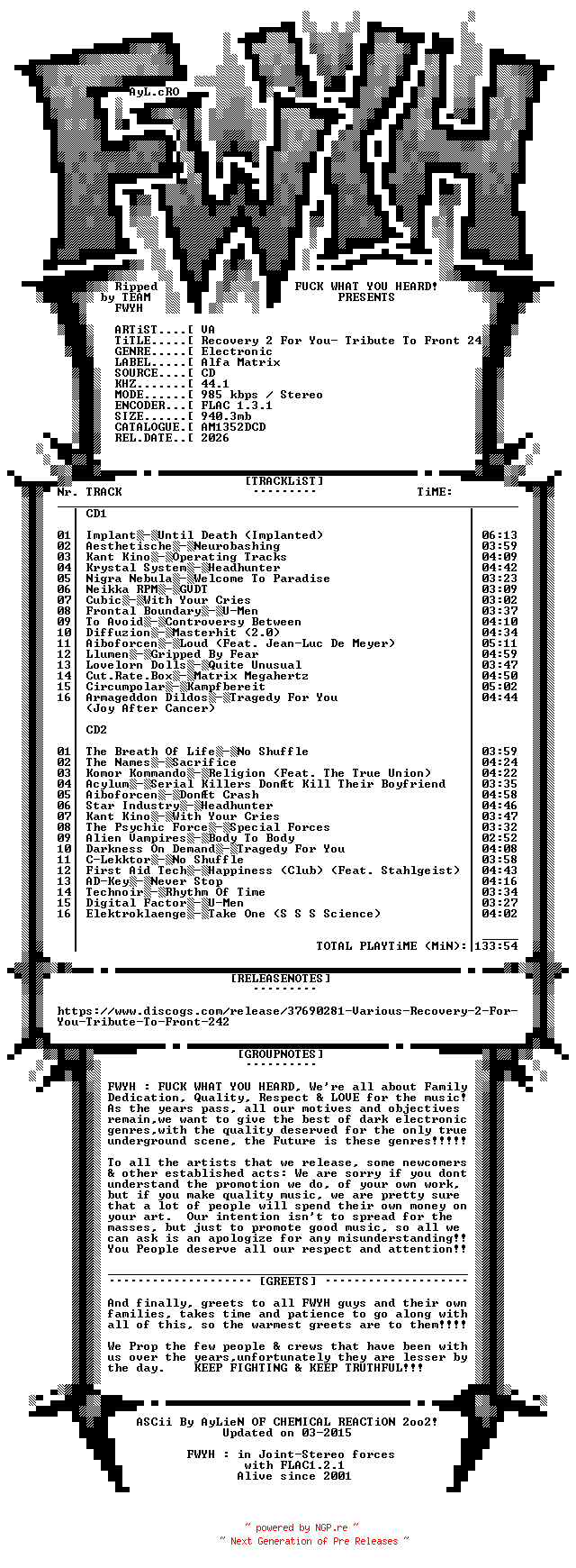 NFO for the release VA-Recovery_2_For_You-_Tribute_To_Front_242-2CD-FLAC-2026-FWYH by FWYH